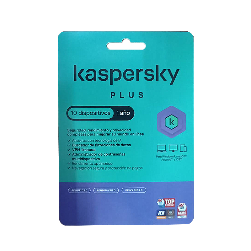 Programa Antivirus KASPERSKY PLUS para 10 PC, Suscripción de 1 Año, tarjeta descarga digital