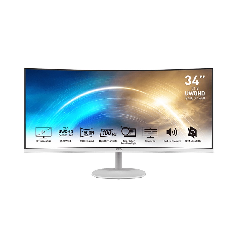 Monitor Curvo MSI PRO MP341CQW de 34" QHD 2K, 100Hz, 4ms GTG / 1ms MPRT, HDMI, Display Port, Blanco