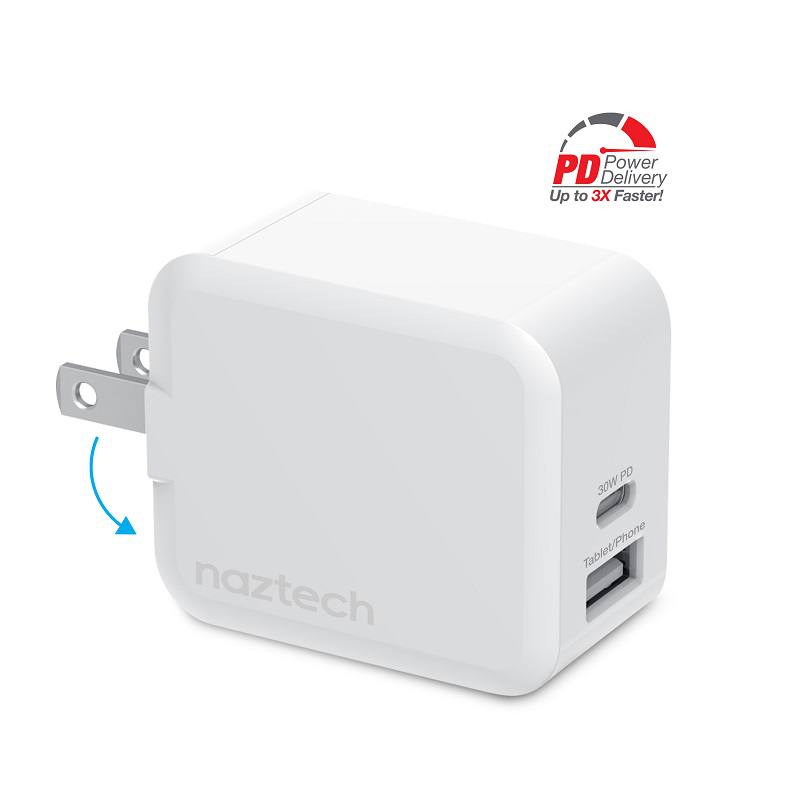 Cargador de Pared NazTech, 5V 3A, 30W USB tipo C PD + 12W USB, Carga rápida, Blanco