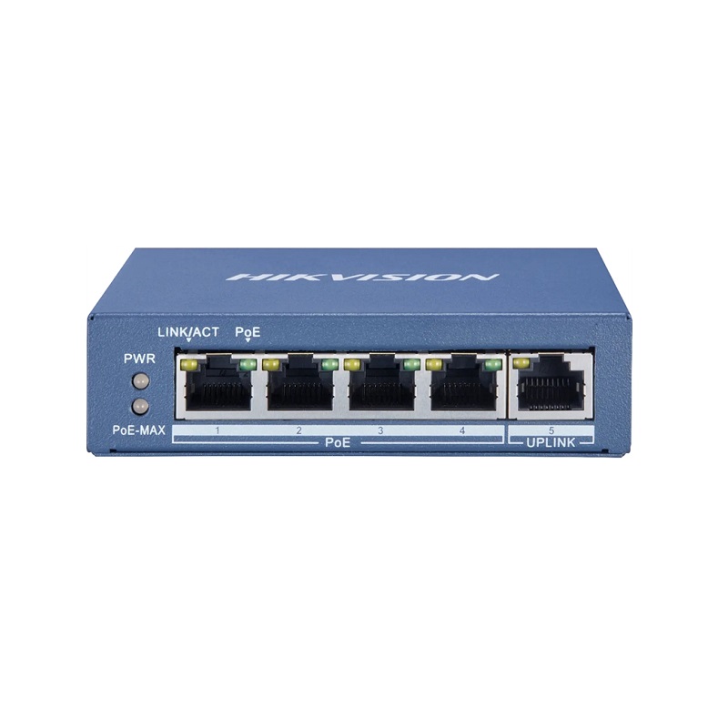 Switch Hikvision DS-3E0505P-E/M, de 4 Puertos Gigabit PoE + 1 puerto Gigabit RJ45, No Administrable PoE, 10Gbps