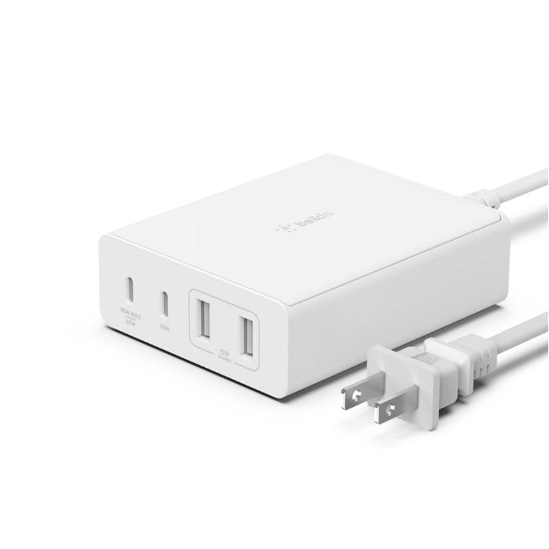 Cargador BELKIN BoostCharge Pro, 2 puertos USB tipo C y 2 puertos USB-A, 108W, carga rápida, Blanco