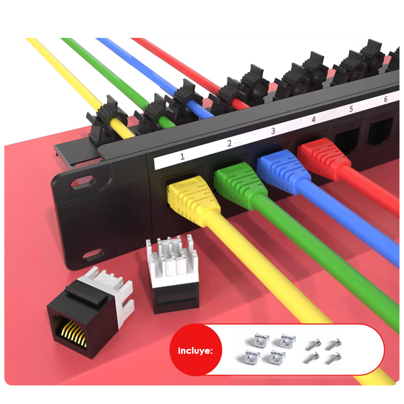 Patch Panel T-VISION Cat6 24 Puertos, Marco amplio con anillo mejorado, montaje a presión, incluye módulos negros