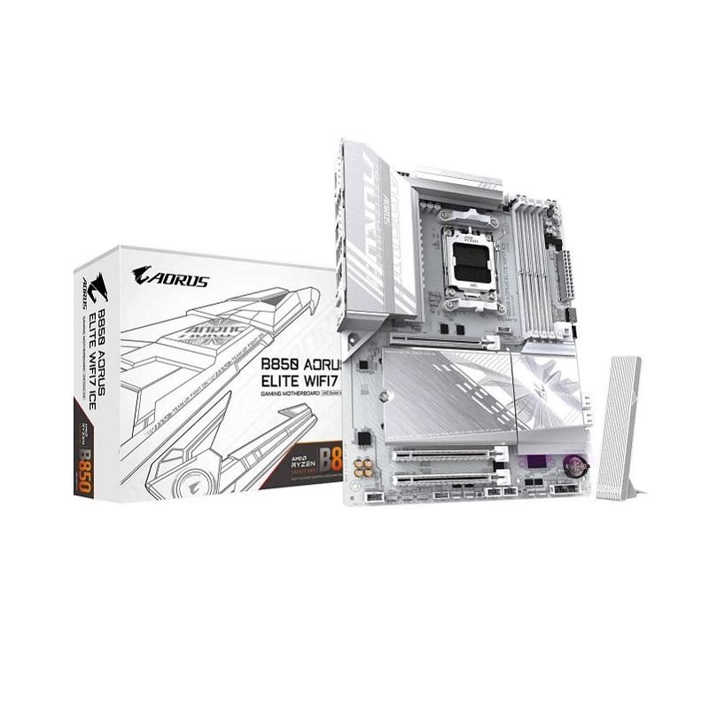 Tarjeta Madre GIGABYTE B850 AORUS ELITE WIFI7 ICE, AM5 Ryzen Serie 9000, DDR5 8200(O.C.), PCIe 5.0 M.2, SATA 6Gb/s, HDMI, Display Port, RJ45, ATX