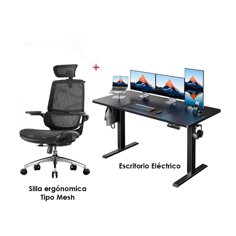 Combo Escritorio electrico HUANUO de altura ajustable, 55 x 24 pulgadas + Silla ergonómica SIHOO M90C, malla transpirable, respaldo ajustable, color negro