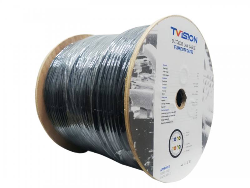 CAJA DE CABLE UTP CAT5e T-VISION,PARA EXTERIOR,100% COBRE, 1000 PIES, NEGRO, CERTIFICADO, CE, PASS FLUKE