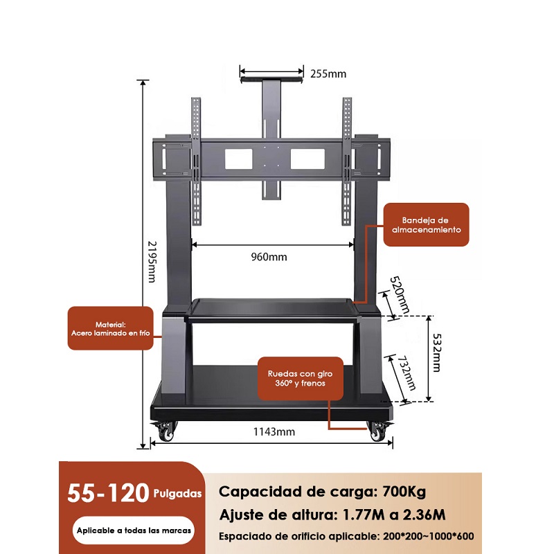 Soporte de piso T-VISION WMX1800S para TV de 50" a 110" pulgadas, rotación libre de 360°, incluye rueditas y repisa, peso máx 700Kg