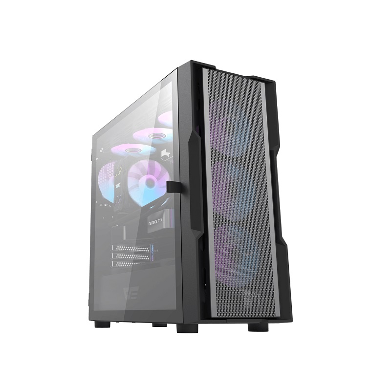 Gabinete Gaming DarkFlash DK431 MESH, E-ATX/M-ATX/ATX, Panel lateral y frontal de vidrio templado, incluye 4 abanicos ARGB, Color Negro