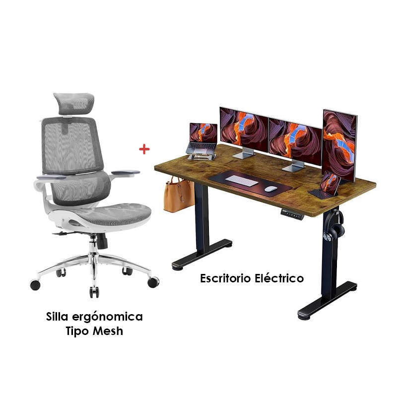 Combo Escritorio eléctrico ErGear altura ajustable, 55 x 28 pulgadas, Marrón vintage + Silla ergonómica SIHOO, malla transpirable, respaldo ajustable, color Gris