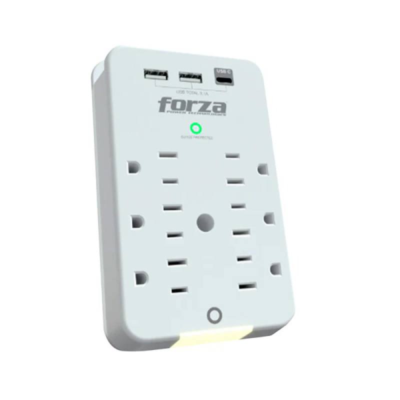 Regulador De Voltaje Forza, 6 Salidas NEMA 5-15R, Puertos De Carga 2 X USB, 1x USB-C Y Luz Nocturna, 490J, 1875W, 120V