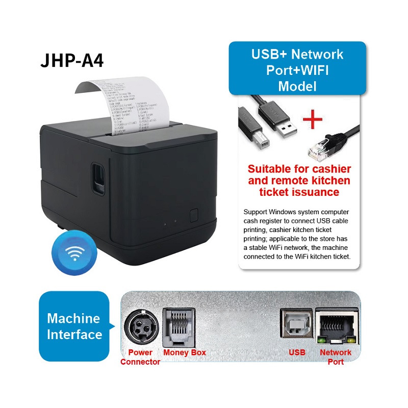 Impresora térmica portátil T-VISION JHP-A4, papel 80mm, conexión USB, LAN RJ45, WiFi, color negro