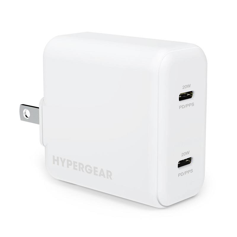 Cargador de Pared HYPERGEAR, 5V 3A, 2x SpeedBoost 20W USB tipo C PD con PPS, Blanco, carga rápida