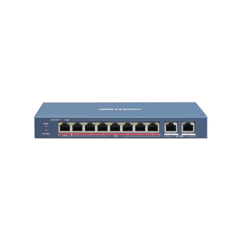 Switch Hikvision DS-3E0310HP-E, 8 puertos PoE de 10/100 Mbps, 2 puertos RJ45 Gigabit, no administrable, 120W