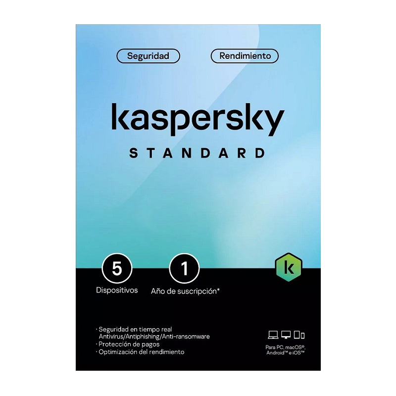 Programa Antivirus KASPERSKY Estandar para 5 Dispositivos, 1 año de suscripción