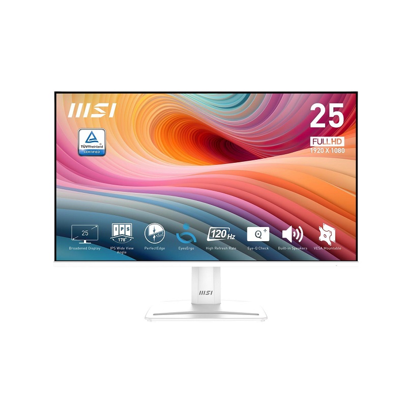 Monitor MSI PRO MP251W E2, de 25" FHD IPS, 120Hz, 1ms, VGA, HDMI y Displayport, Bocinas integradas, Adaptative Sync, color blanco