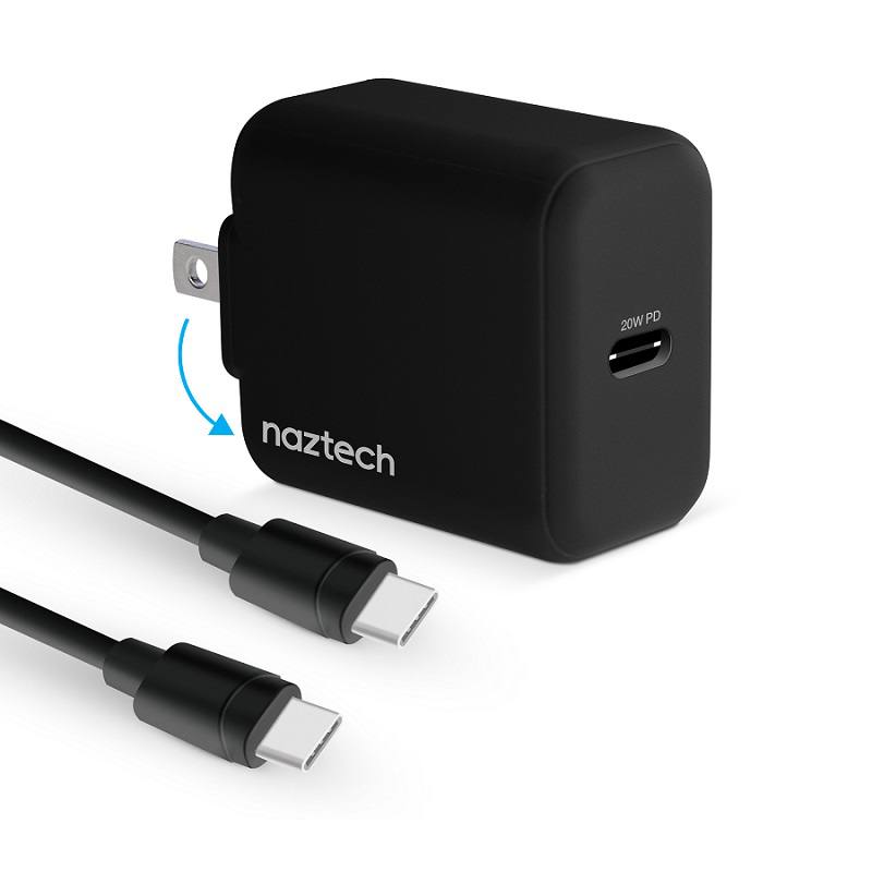 Cargador de Pared NazTech, 5V 3A, 20W USB tipo C PD, incluye cable USB tipo C de 1.2M, Carga rápida, Negro