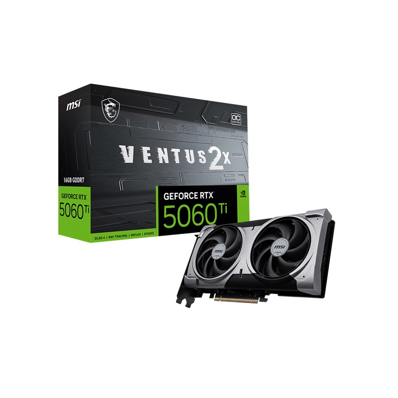 Tarjeta de video MSI RTX5060Ti VENTUS 2X OC Plus, 16GB GDDR7, PCIe 5.0, 2xFan, HDMI, DisplayPort, 128 Bits