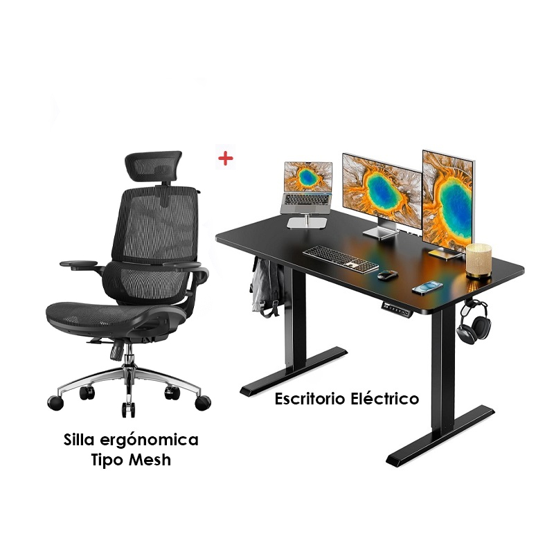 Combo Escritorio eléctrico ErGear altura ajustable, 48 x 24 pulgadas, Negro + Silla ergonómica SIHOO, malla transpirable, respaldo ajustable, color Negro