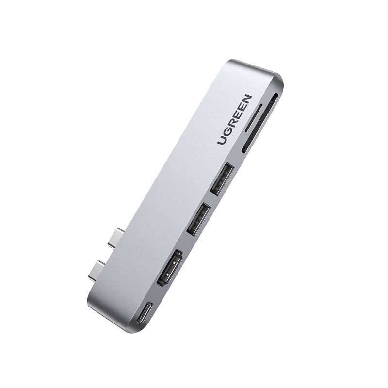 Adaptador Multiple UGREEN CM380, 6 en 2, Thunderbolt doble puerto tipo C, 1x HDMI, 2x USB 3.0, 1x USB-C PD, 1x SD/TF