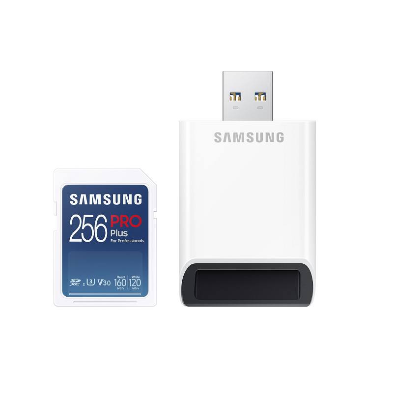 Memoria SD Samsung PRO Plus de 256G, hasta 160MB/s de lectura, UHS-I, V30, U3, C10, con adaptador USB