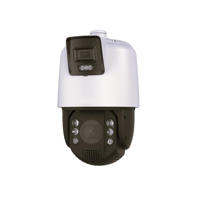 Cámara PTZ IP Hikvision, Poe, TandemVu 4MP + 4MP, 32X Color Vu, Bullet IR: 30m, PTZ IR: 200M, hasta 256GB Micro SD, IP66, IK10, Metal