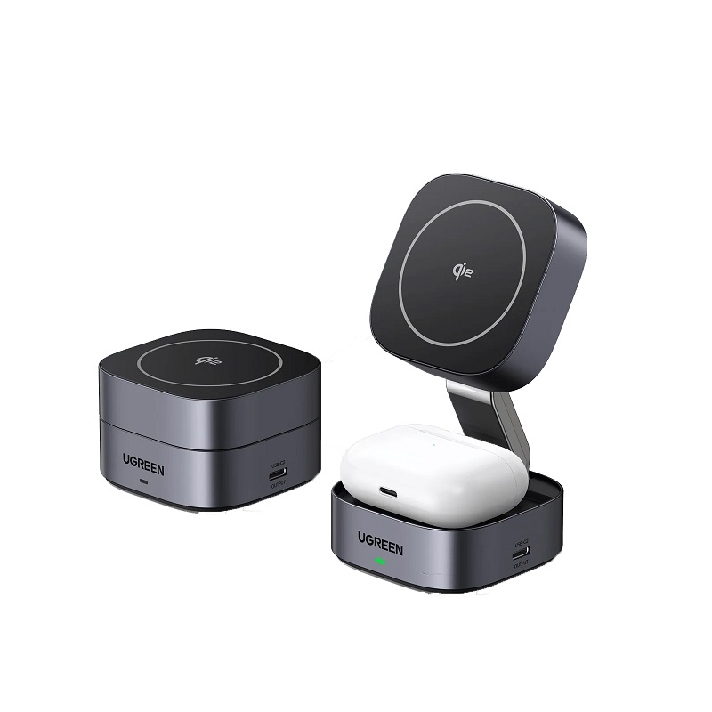Cargador inalámbrico UGREEN Qi2 W702, 2 en 1, compatible con iPhone y Airpods, carga rápida 12V 3A 15W
