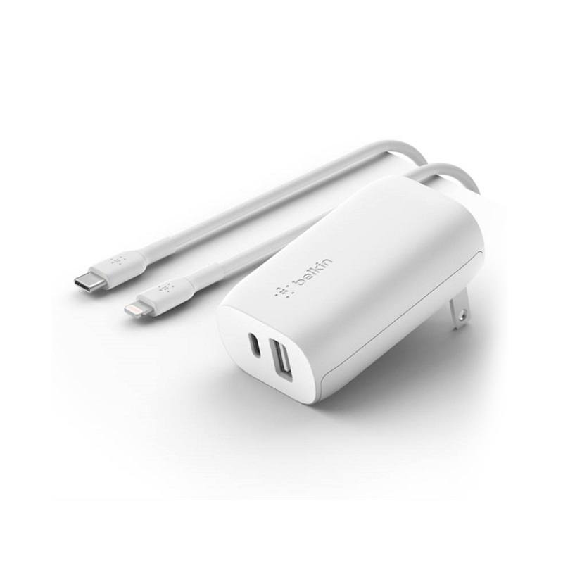 Cargador de Pared BELKIN Boost Charge, USB Tipo C y USB-A con PPS de 37W, incluye cable USB Tipo C a Lightning, Blanco