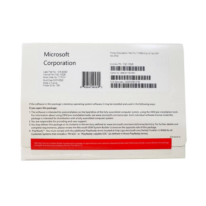 Programa Microsoft Windows 11 Pro, 64 Bit, 1 Licencia Multilenguaje, Instalador CD, Ingles