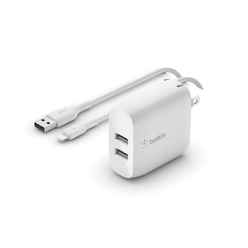 Cargador de Pared BELKIN, PD USB-A Dual BoostCharge de 24W, incluye cable USB Tipo C a Lightning, Blanco.