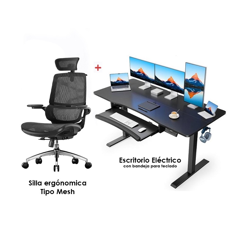 Combo Escritorio electrico HUANUO de altura ajustable, 55 x 24 pulgadas, con bandeja + Silla ergonómica SIHOO M90C, malla transpirable, respaldo ajustable, color negro