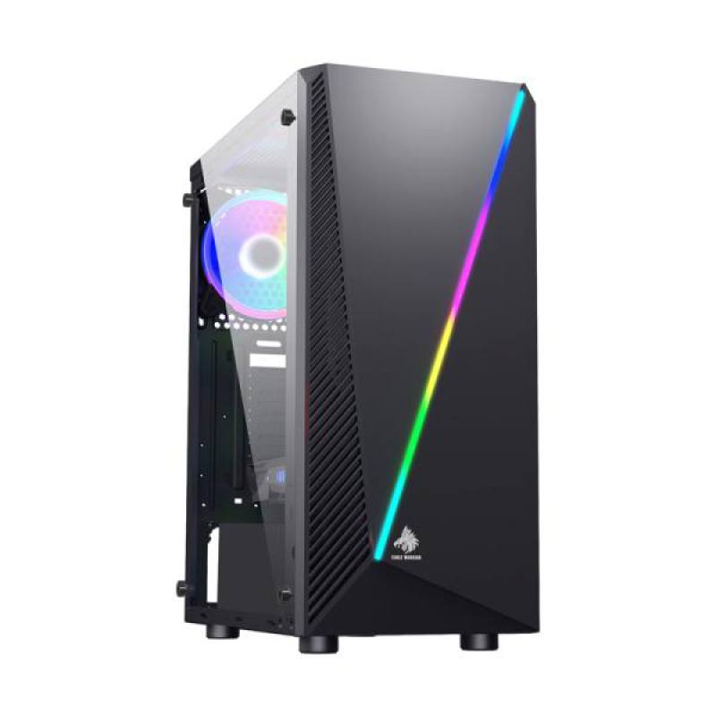 Gabinete Gaming Eagle Warrior H430-05, ATX Mid Tower, Panel Vidrio templado lateral, Iluminación frontal RGB, Color Negro