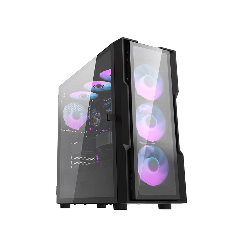 Gabinete Gaming DarkFlash DK431, E-ATX/M-ATX/ATX, Panel lateral y frontal de vidrio templado, incluye 4 abanicos ARGB, Color Negro