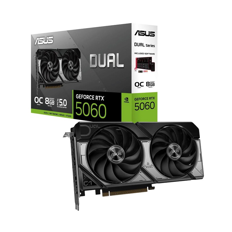 Tarjeta de video ASUS Dual GeForce RTX5060, 8GB GDDR7, PCIe 5.0, 2xFan, HDMI, DisplayPort, 128 Bits