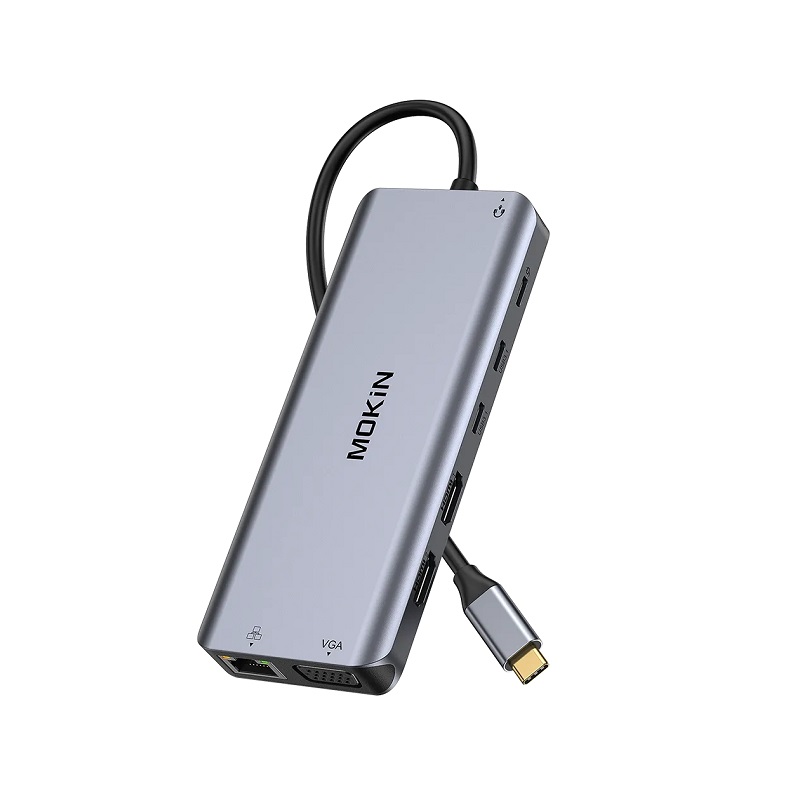 Adaptador multiples 14 en 1 MOKIN MOUC0221, USB-C, para pantalla Dual, 2 HDMI 4K, VGA, Gigabit Ethernet, USB 3.1 /3.0 / 2.0, carga USB C 100W máx, Lector SD/Micro SD y audio de 3.5mm