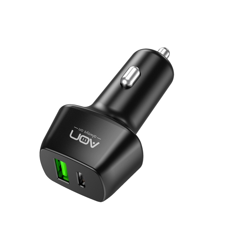 Cargador de carro AON, 30W USB-C PD + 18W USB carga rápida, Negro