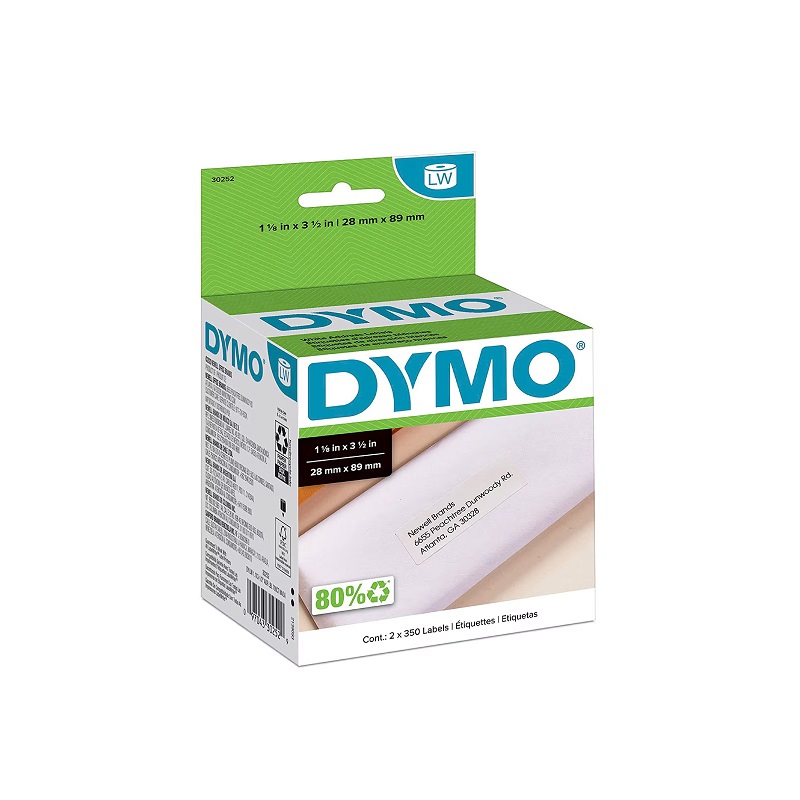 Rollo de etiquetas con Adhesivo DYMO 30252, 28x89mm, 350pcs x Unidad (pack 2 rollos), color blanco