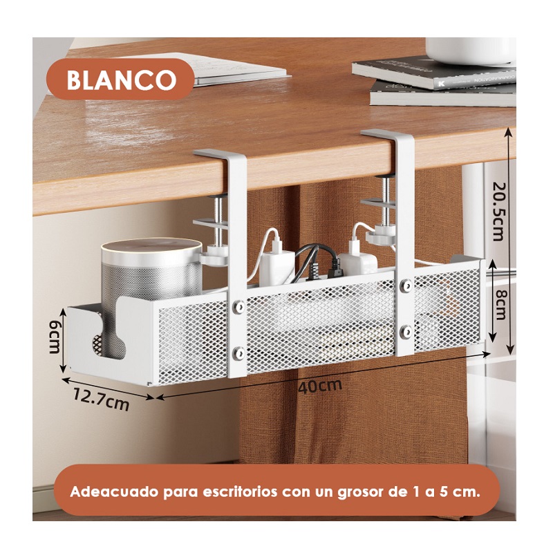 Organizador de cables de escritorio, Malla, 40CM, Blanco