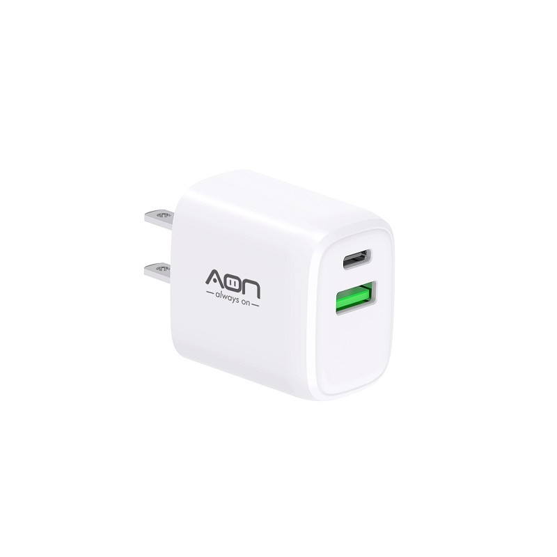 Cargador de Pared AON CR-1006, USB-C (PD 20W) + USB (18W), Blanco