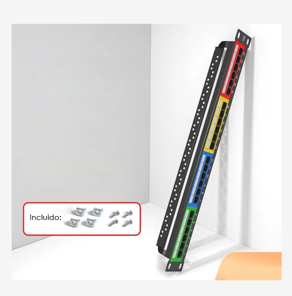 Patch Panel T-VISION Cat6 24 Puertos con color, 100% Cobre Pass Fluke, incluye tornillos.