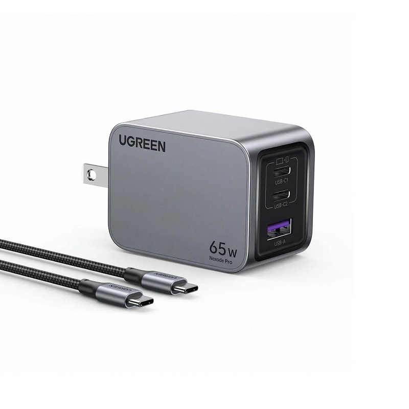 Cargador de Pared UGREEN x755 Nexode Pro, 3 puertos USB, 2x USB Tipo C, 1x USB-A, carga rápida 65W, incluye cable USB Tipo C 1.5M, Negro