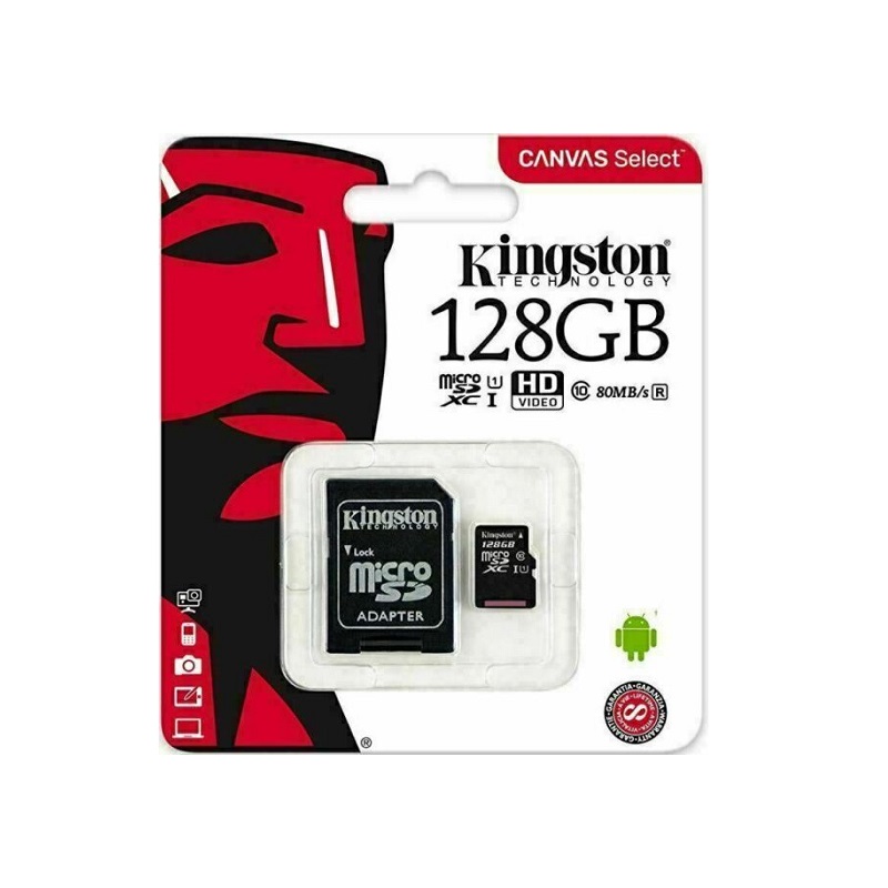 Memoria Micro SD KINGSTON Canvas Select de 128GB, UHS-I Clase 10, Lectura 80MB/s, Con Adaptador