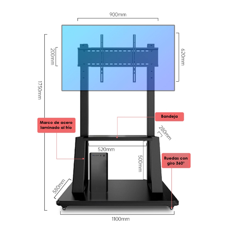 Soporte de piso T-VISION 1900 para TV de 40" a 90" pulgadas, rotación libre de 360°, incluye rueditas y repisa, peso máx 220Kg