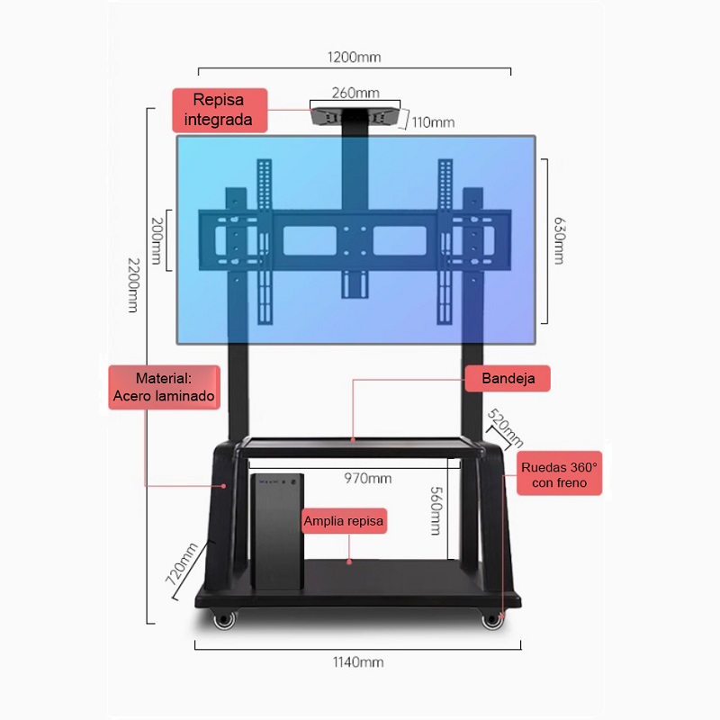 Soporte de piso T-VISION 2100 para TV de 40" a 110" pulgadas, rotación libre de 360°, incluye rueditas y repisa, peso máx 300Kg