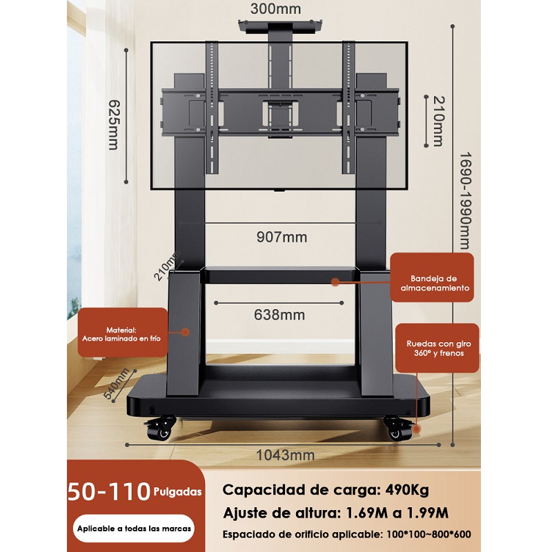 Soporte de piso T-VISION WMX1800S para TV de 50" a 110" pulgadas, rotación libre de 360°, incluye rueditas y repisa, peso máx 490Kg
