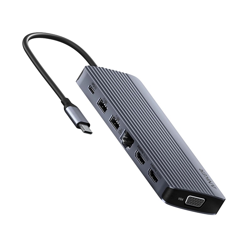 Adaptador multiples 14 en 1 Anker A8389 USB-C, para pantalla triple 4K, 2 x HDMI 4K, VGA 1080p, 80W, puertos de datos USB-A/C de 5 Gbps para Dell XPS y más