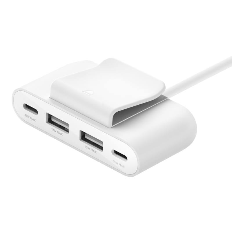Estación de carga BELKIN, 4 Puertos USB Rockstar, 2x USB y 2x USB tipo C, cable de 2 Metros USB tipo C, Blanco
