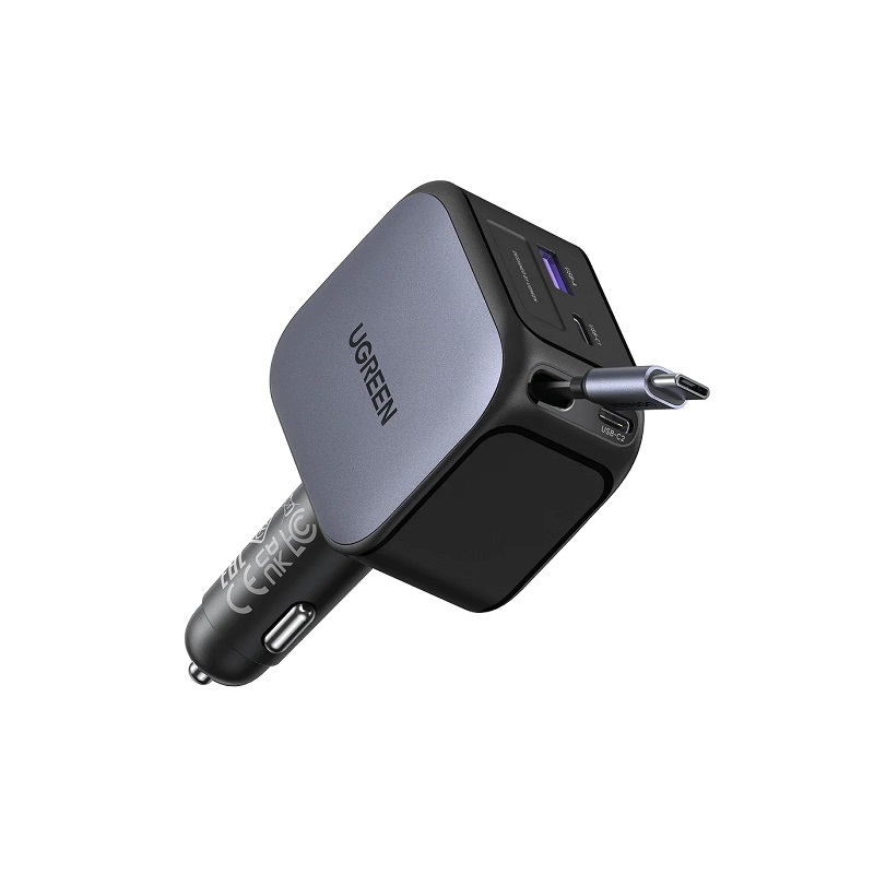 Cargador retractil de Carro UGREEN EC604, 3 puertos USB, 2x USB Tipo C, 1x USB-A y 1x cable USB Tipo C, Carga Rápida 145W, Negro