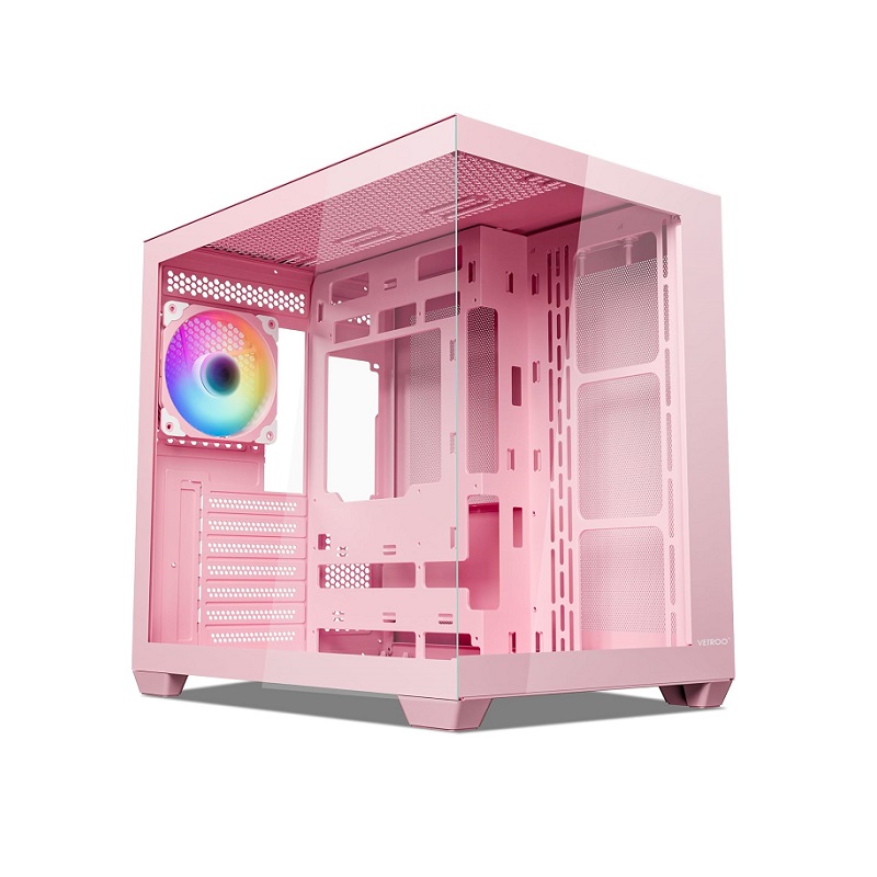 Gabinete Gaming Vetroo AL900, ATX Mid Tower, panel frontal y lateral vidrio templado, 1x Fan incluido, Rosado