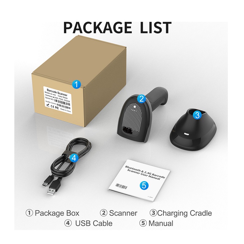 Lector de codigo de barra T-VISION, JHS-X4 2D, conexión inalámbrica 2.4G y Bluetooth, con base, Negro