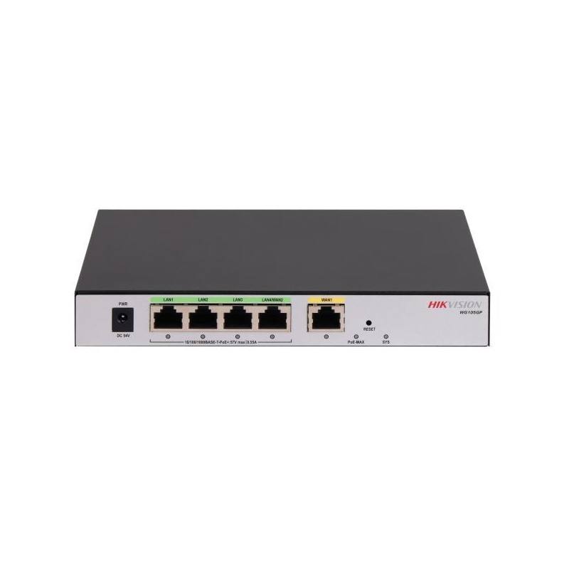 Router Hikvision DS-3WG105GP-SI, 1 Puerto WAN Gigabit, 4 puertos LAN PoE Gigabit, 1000Mbps, 60W