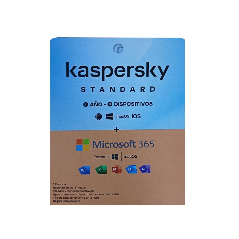 Programa Antivirus KASPERSKY STANDARD, para 3 Dispositivos, Suscripción de 1 Año + Microsoft 365 Personal, 1 dispositivo, suscripción de 1 Año